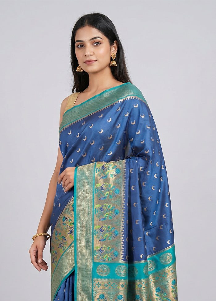 Blue Dupion Silk Saree With Blouse Piece