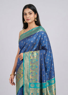 Blue Dupion Silk Saree With Blouse Piece