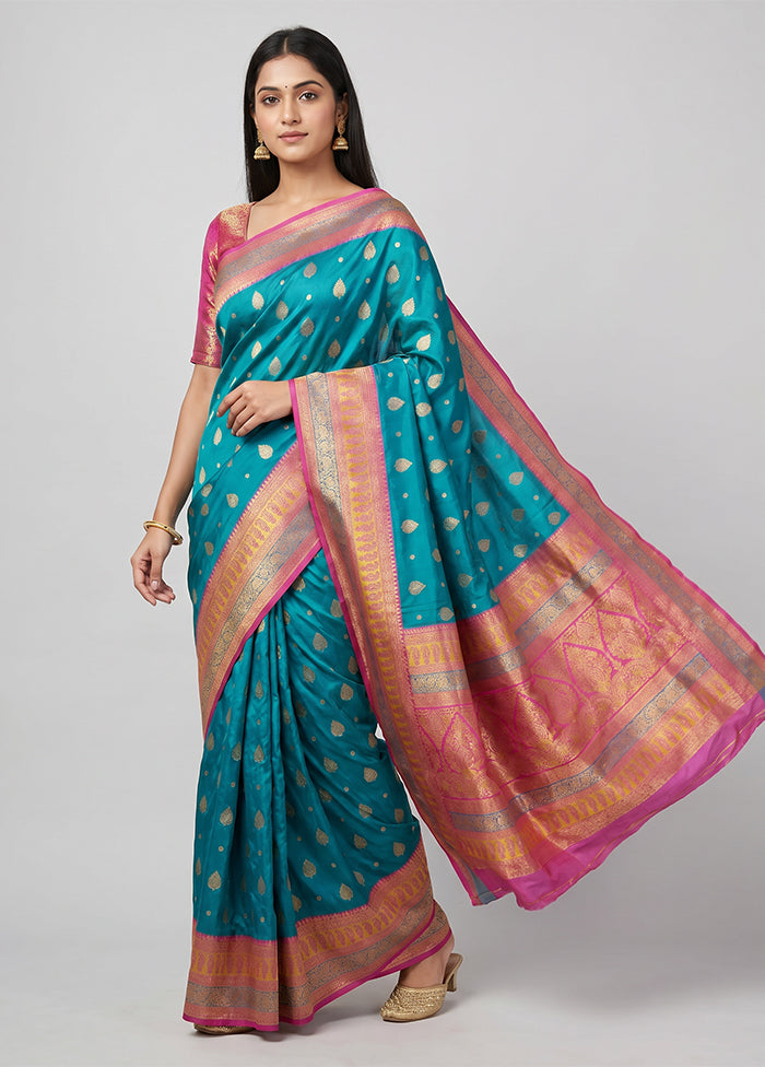 Blue Dupion Silk Saree With Blouse Piece