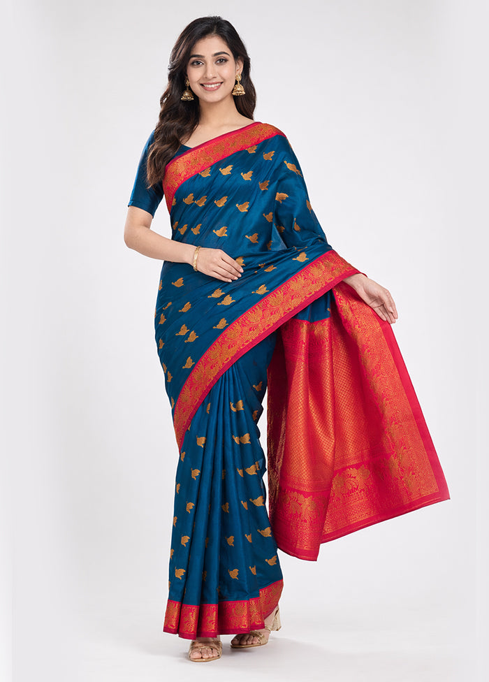 Blue Dupion Silk Saree With Blouse Piece