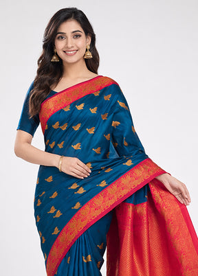 Blue Dupion Silk Saree With Blouse Piece