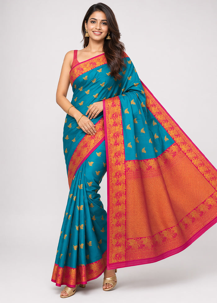 Blue Dupion Silk Saree With Blouse Piece