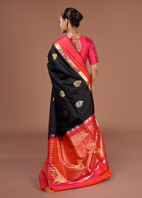 Black Handloom Kanjivaram Pure Silk Saree With Blouse Piece