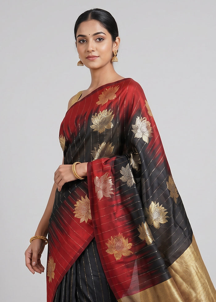 Black Handloom Kanchipuram Pure Silk Saree With Blouse Piece