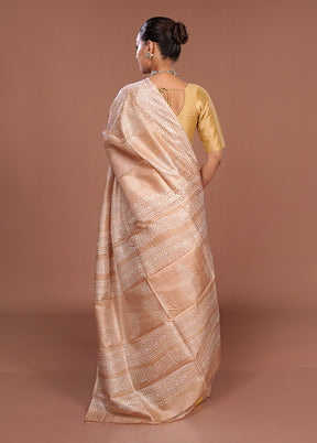Cream Printed Pure Silk Saree Without Blouse Piece