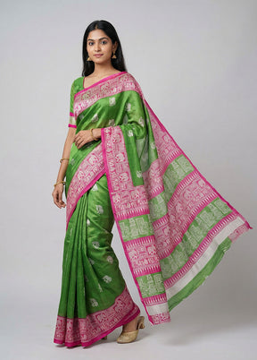 Green Printed Silk Saree Without Blouse Piece