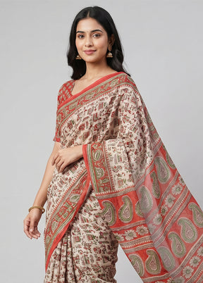 Cream Printed Silk Saree Without Blouse Piece