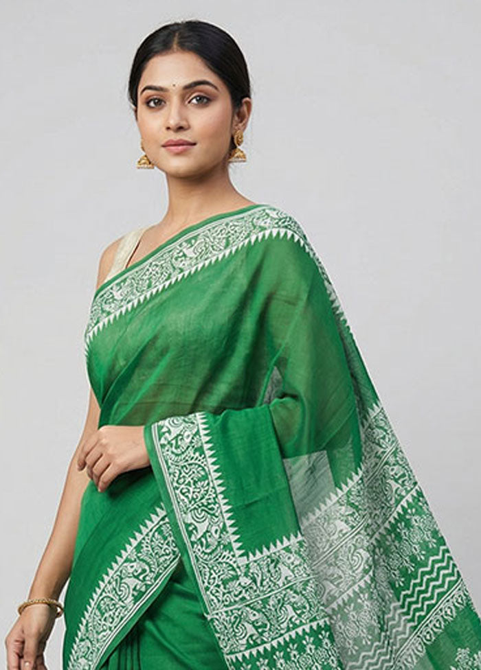 Green Printed Pure Silk Saree Without Blouse Piece