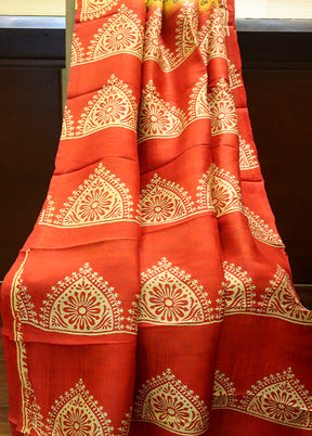 Yellow Printed Pure Silk Saree Without Blouse Piece