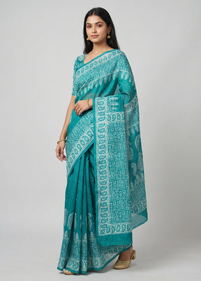 Green Printed Silk Saree Without Blouse Piece