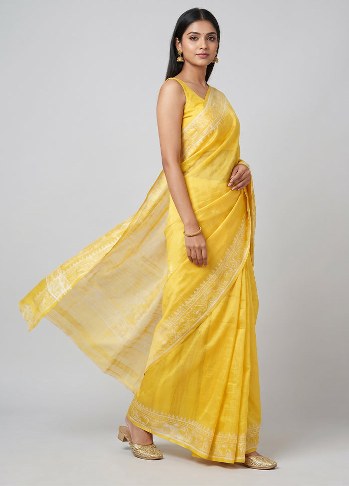Yellow Printed Silk Saree Without Blouse Piece