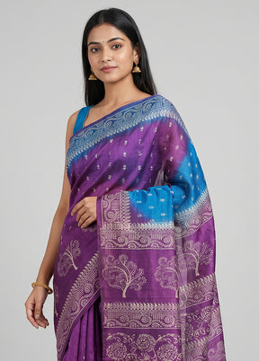 Blue Printed Silk Saree Without Blouse Piece