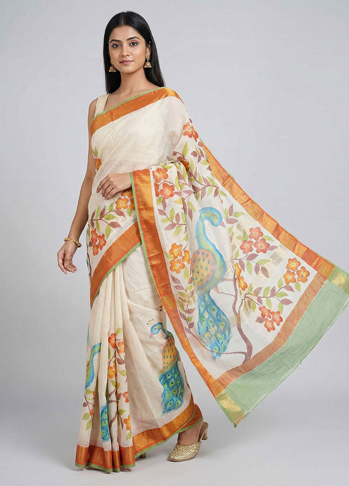 Cream Chanderi Silk Saree With Blouse Piece