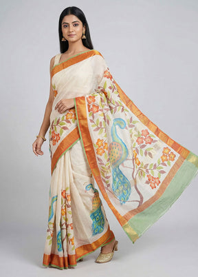 Cream Chanderi Silk Saree With Blouse Piece