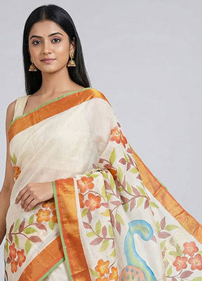 Cream Chanderi Silk Saree With Blouse Piece