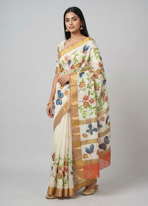 Cream Chanderi Silk Saree With Blouse Piece