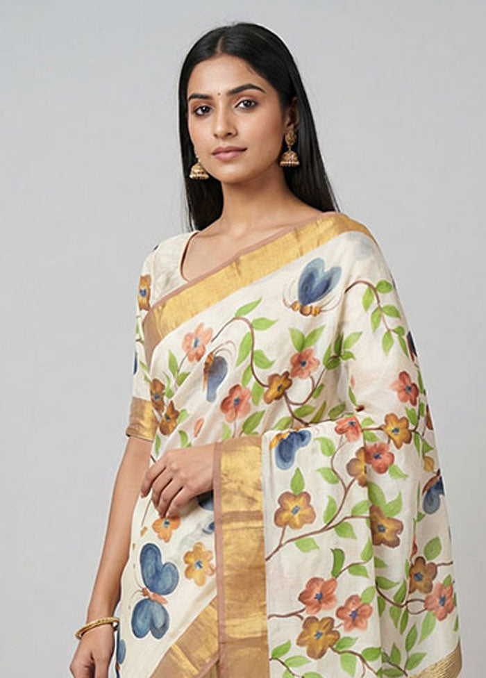 Cream Chanderi Silk Saree With Blouse Piece