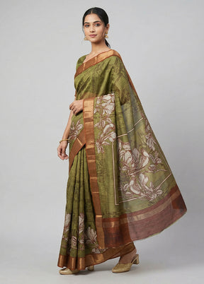 Green Chanderi Silk Saree With Blouse Piece