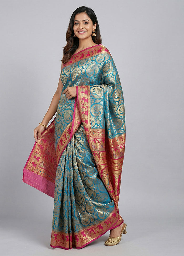 Blue Baluchari Silk Saree With Blouse Piece
