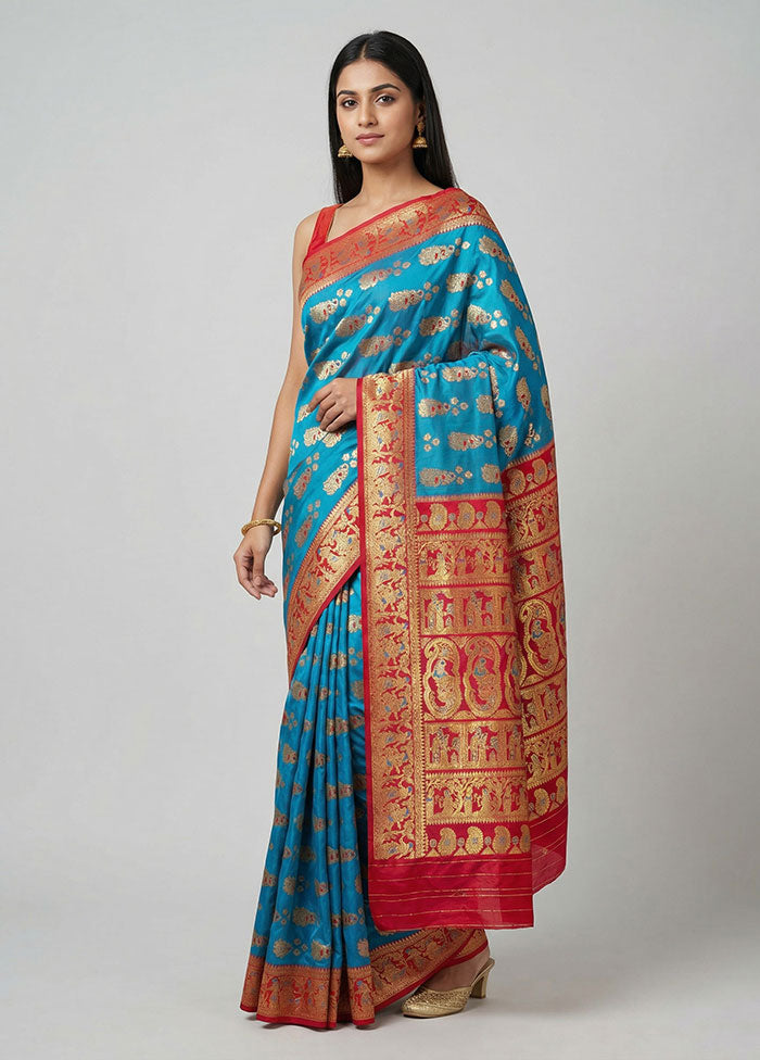 Blue Baluchari Silk Saree With Blouse Piece
