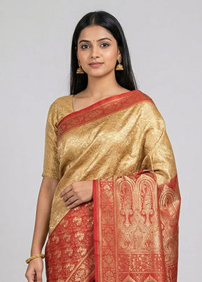 Cream Handloom Jamewar Pure Silk Saree With Blouse Piece