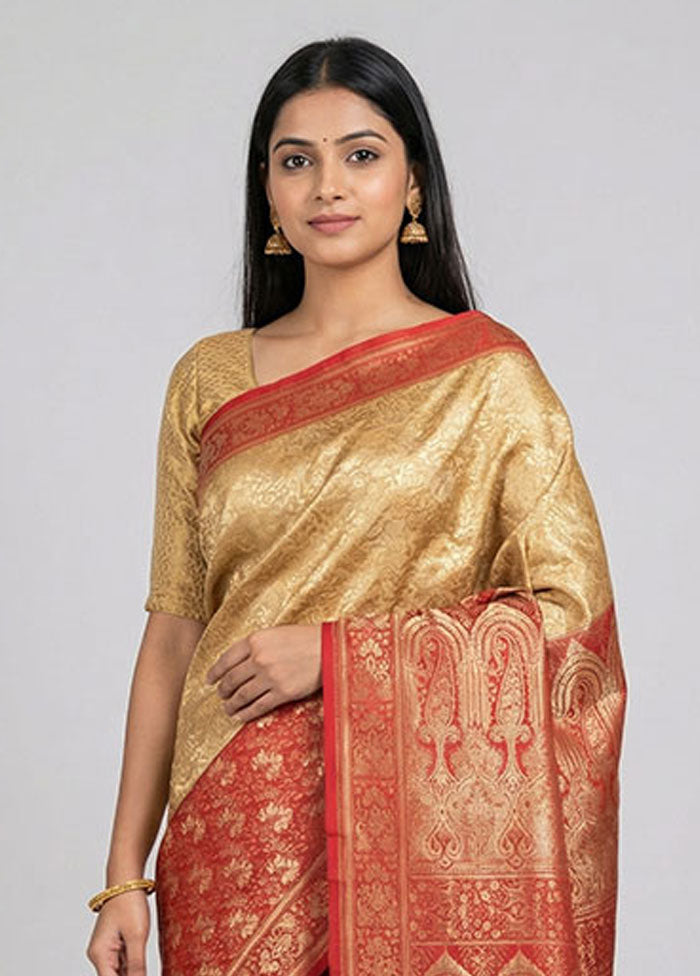 Cream Handloom Jamewar Pure Silk Saree With Blouse Piece