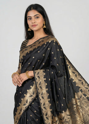 Black Banarasi Silk Saree With Blouse Piece
