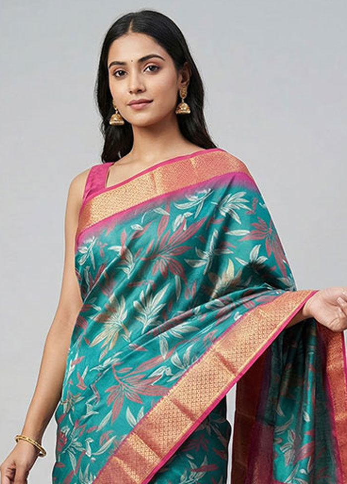 Blue Dupion Silk Saree With Blouse Piece