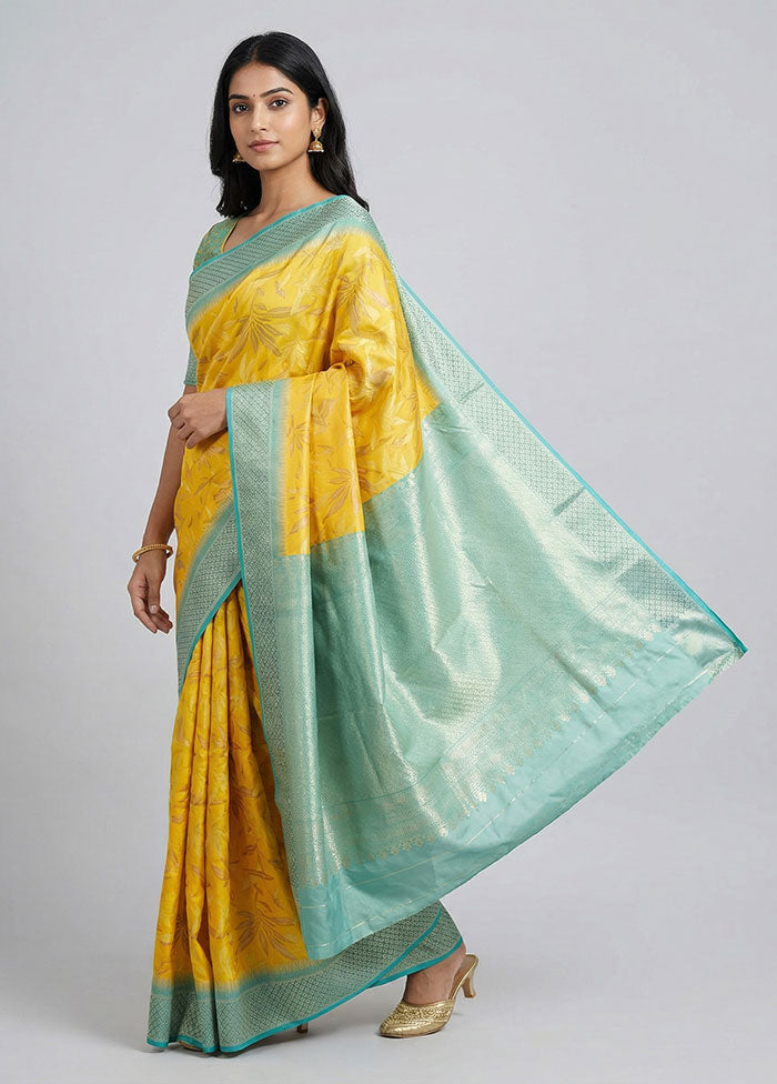 Yellow Dupion Silk Saree With Blouse Piece