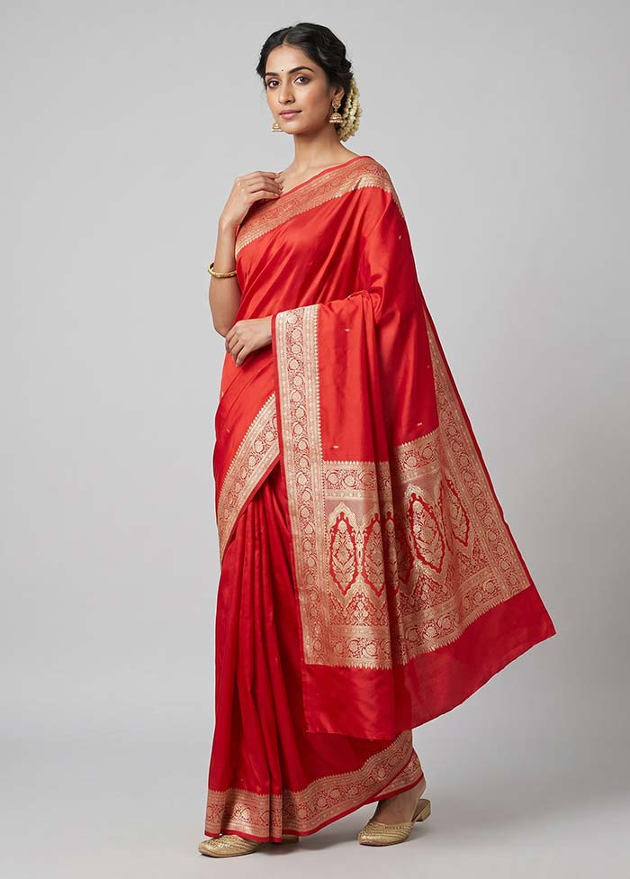 Red Banarasi Silk Saree With Blouse Piece