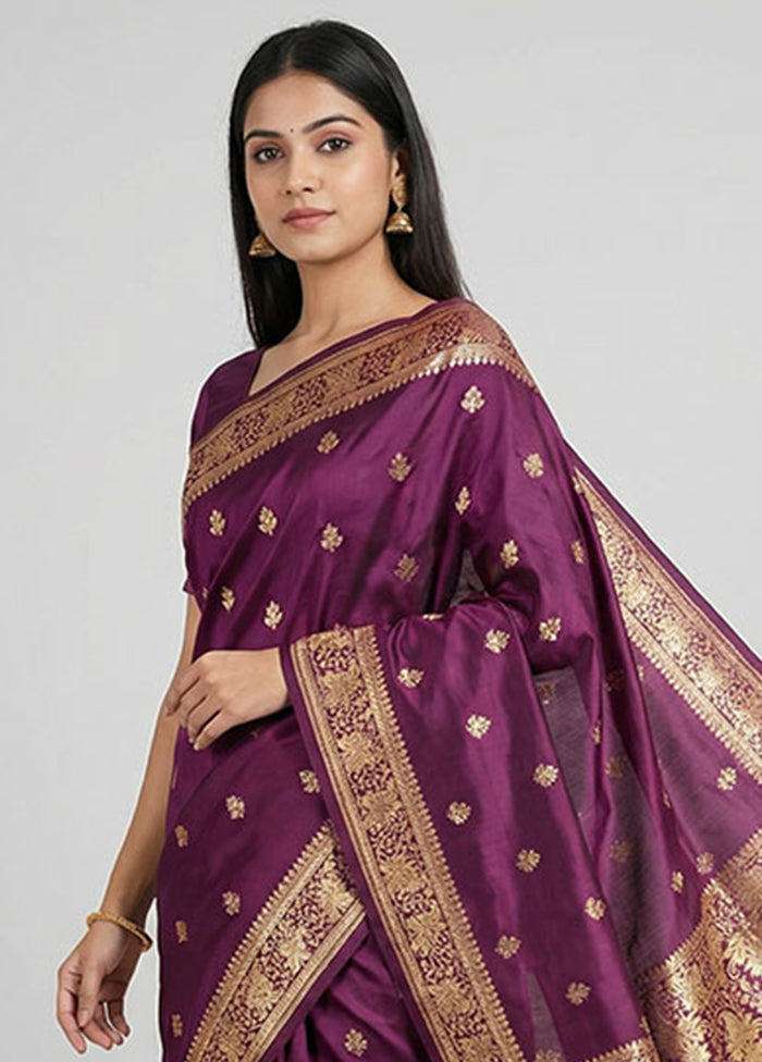 Purple Banarasi Silk Saree With Blouse Piece