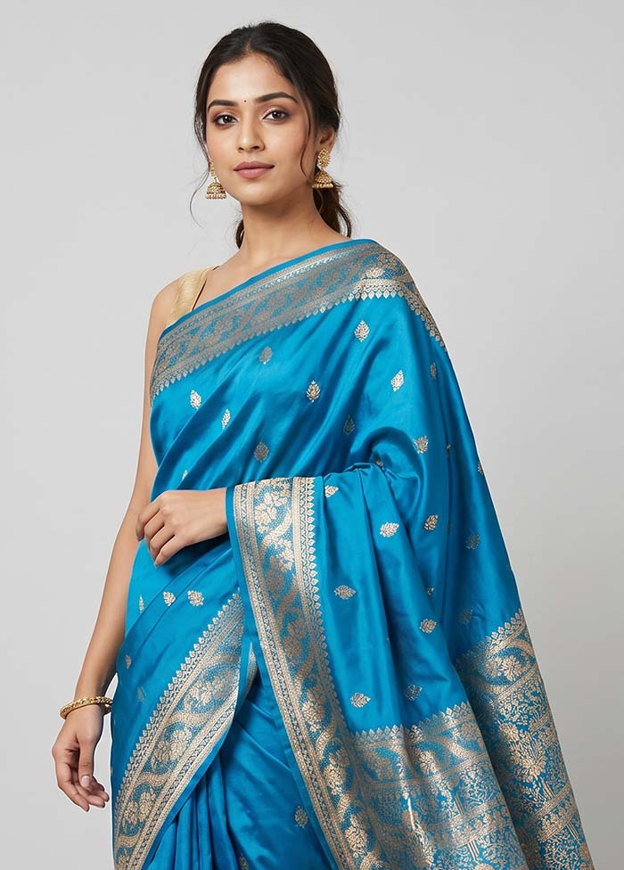 Blue Banarasi Silk Saree With Blouse Piece