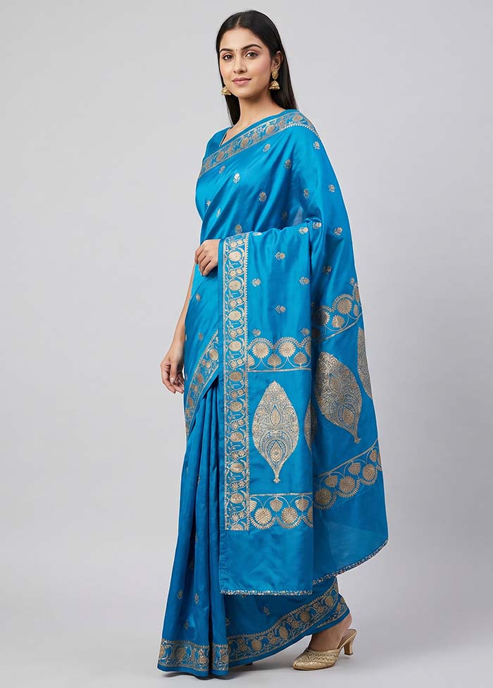 Blue Banarasi Silk Saree With Blouse Piece