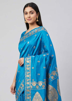 Blue Banarasi Silk Saree With Blouse Piece