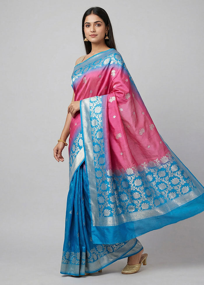 Blue Dupion Silk Saree With Blouse Piece