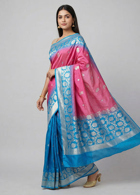 Blue Dupion Silk Saree With Blouse Piece