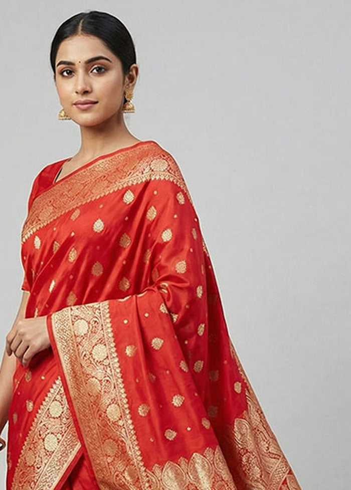 Red Banarasi Silk Saree With Blouse Piece