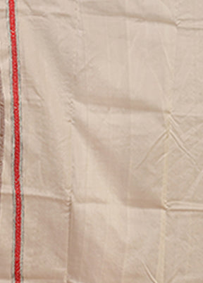 Cream Handloom Kantha Stitch Pure Silk Saree With Blouse Piece