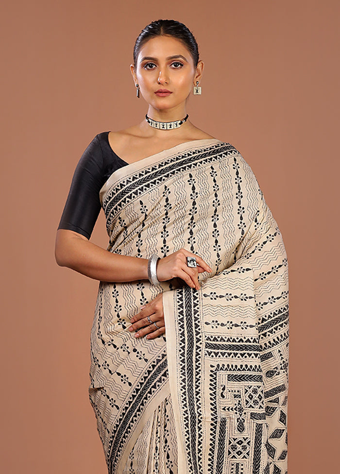 Cream Handloom Kantha Stitch Pure Silk Saree With Blouse Piece