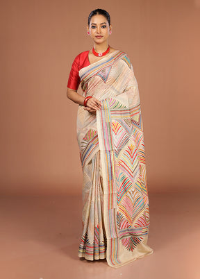 Cream Handloom Kantha Stitch Pure Silk Saree With Blouse Piece