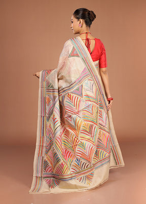Cream Handloom Kantha Stitch Pure Silk Saree With Blouse Piece