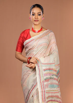 Cream Handloom Kantha Stitch Pure Silk Saree With Blouse Piece