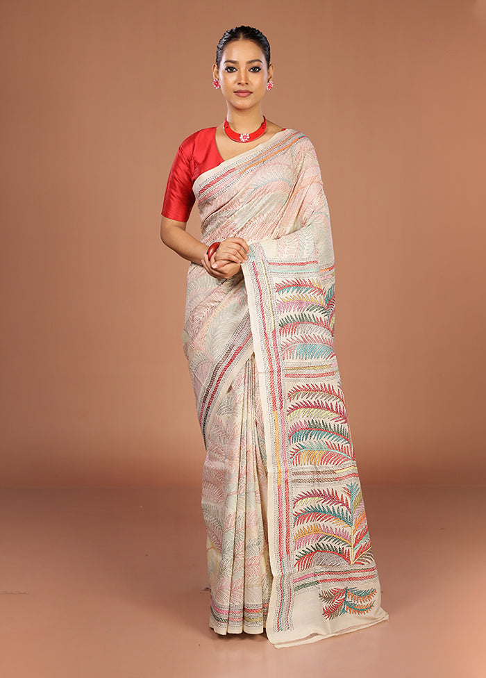 Cream Handloom Kantha Stitch Pure Silk Saree With Blouse Piece
