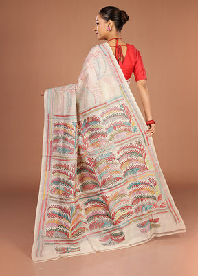 Cream Handloom Kantha Stitch Pure Silk Saree With Blouse Piece