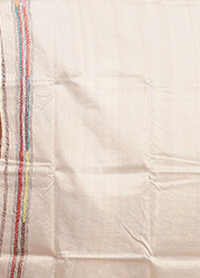 Cream Handloom Kantha Stitch Pure Silk Saree With Blouse Piece