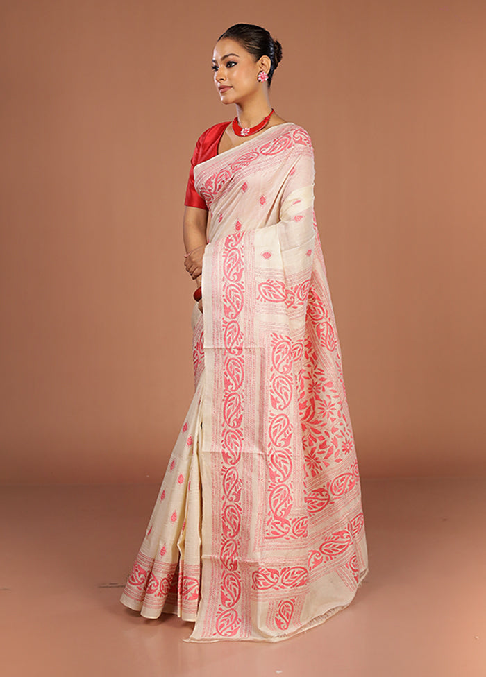 Cream Handloom Kantha Stitch Pure Silk Saree With Blouse Piece
