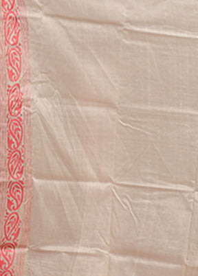 Cream Handloom Kantha Stitch Pure Silk Saree With Blouse Piece