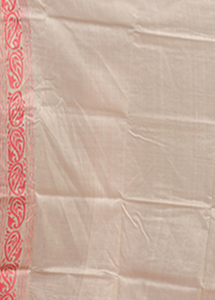 Cream Handloom Kantha Stitch Pure Silk Saree With Blouse Piece