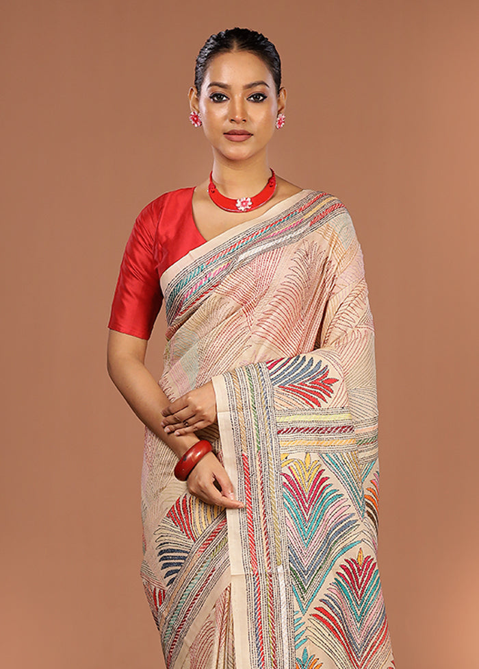 Cream Handloom Kantha Stitch Pure Silk Saree With Blouse Piece