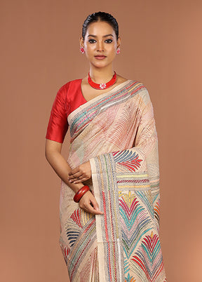 Cream Handloom Kantha Stitch Pure Silk Saree With Blouse Piece